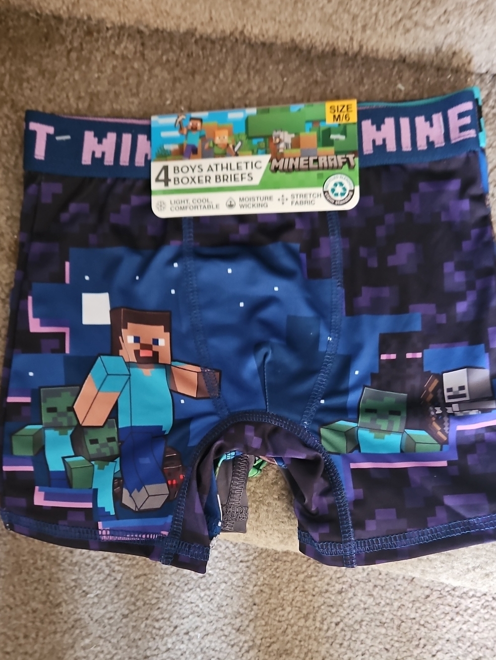 NWT Minecraft Pack Of 4 Boys Athletic Boxer Briefs - Navy & Purple Sz M6